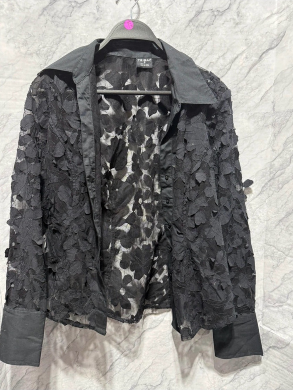 Tribal Black Sheer Floral Appliqué Button-Front Jacket